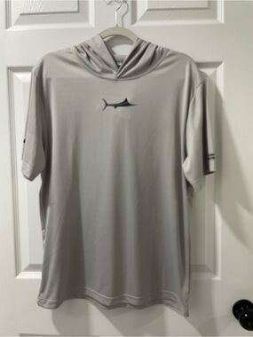 Grey Short-Sleeve Hooded Performance Tee with Fish Logo